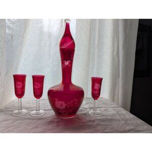 Vintage Craberry Etched Glass Decanter Set With Stopper 3 Matching Cordial Glass